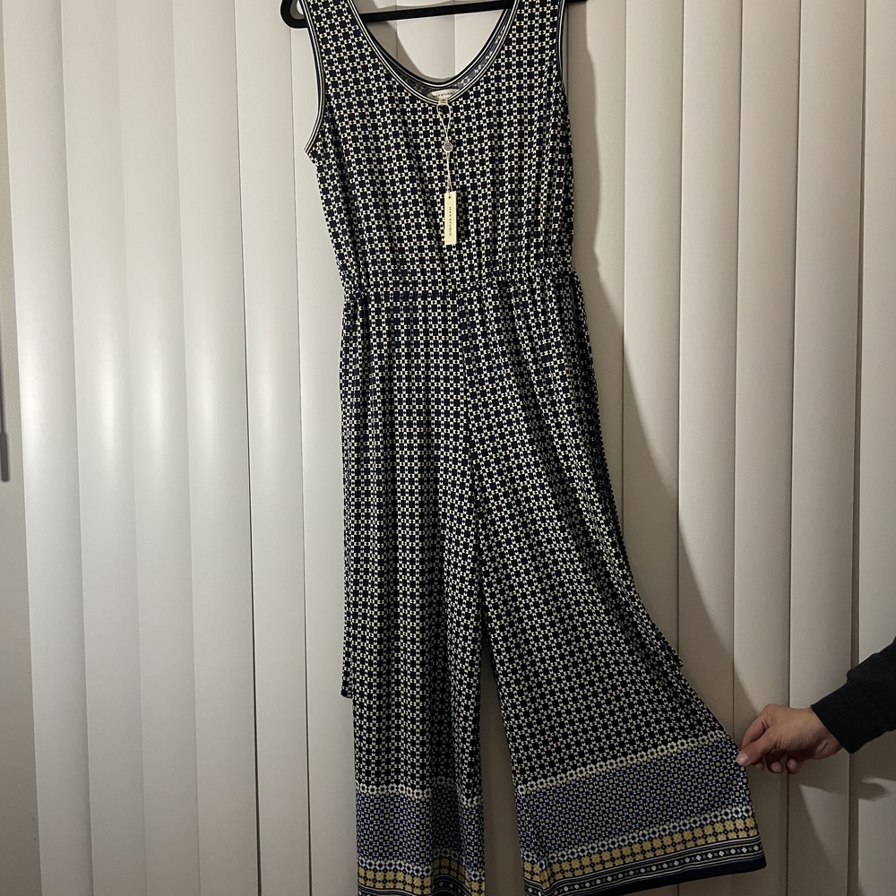 Max Studio Geometric Black and White Jumpsuit with Blue and Yellow Accents